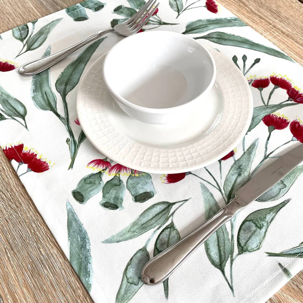 Australian Chrismtas Placemats Red Gum Blossom Made in Australia by Silken Twine