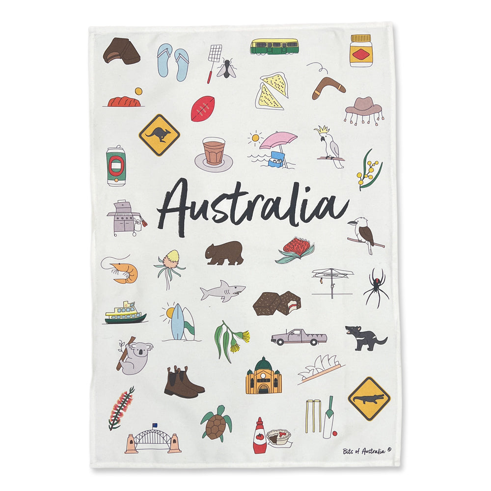Australian Made Aussie Icons Souvenir Tea Towel at BitsofAustralia