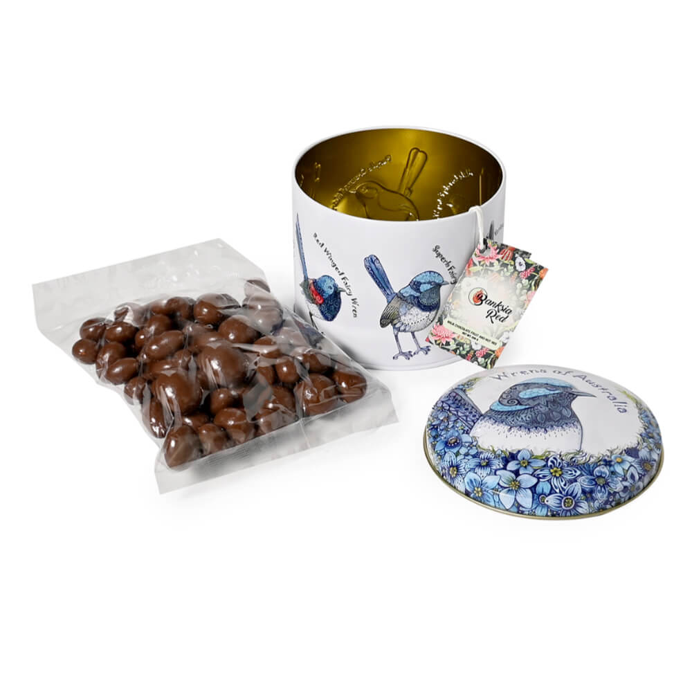 Australian Made Milk Chocolate Fruit and Nut Mix in a Blue Wren Gift Tin