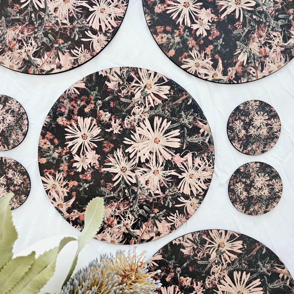 Australian Made Wooden Placemat and Coaster Set Paper Daisies by SPQ Studio