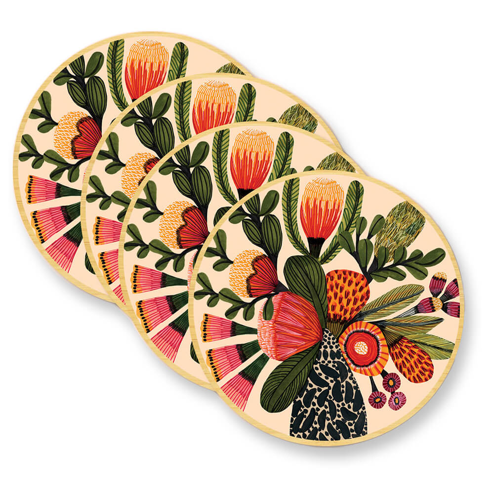 Australian Souvenir Coaster Set Banksia Vase Illustration by Kirsten Katz