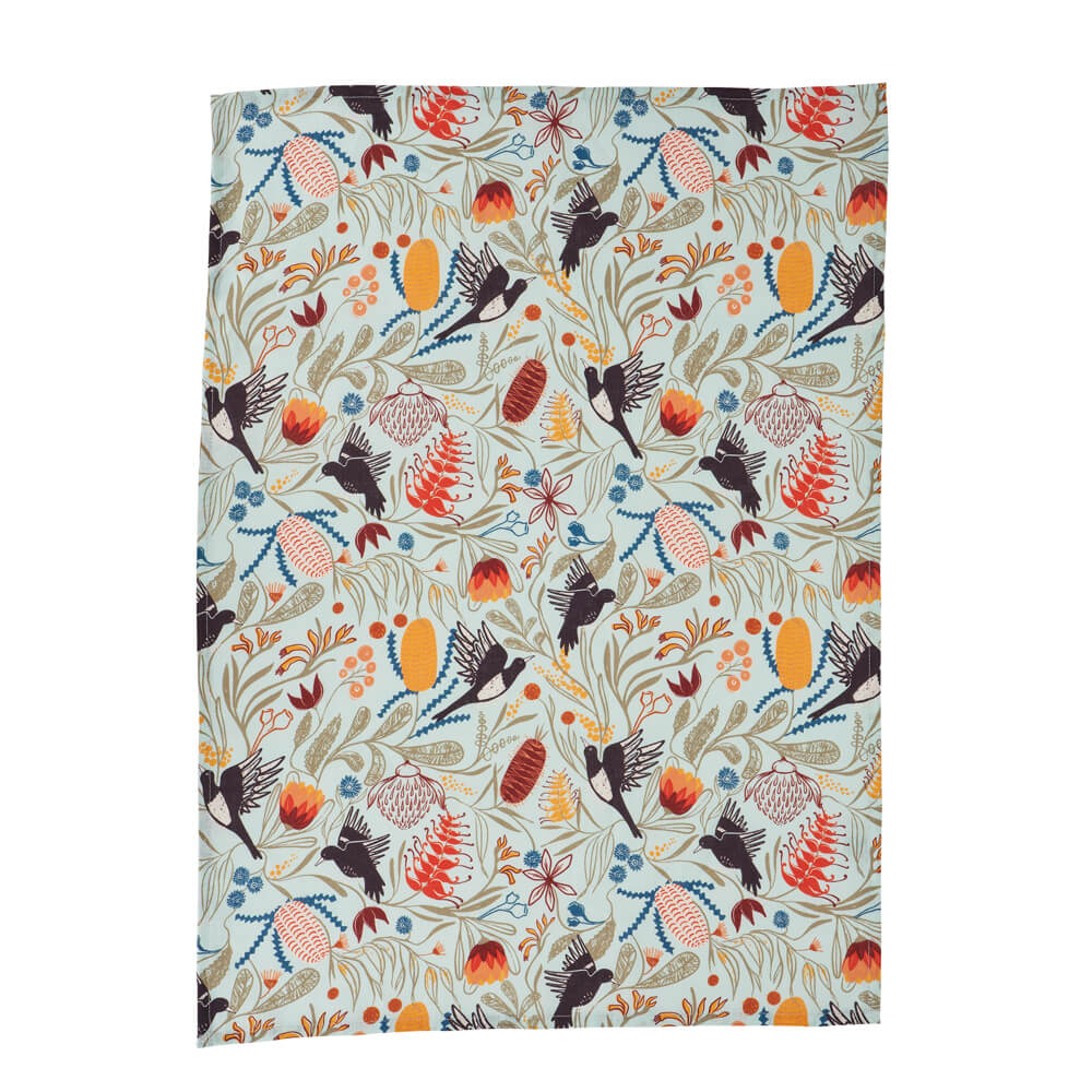 Australian Souvenirs Linen Magpie Florals Tea Towel Made in Australia by Annabel Trends 