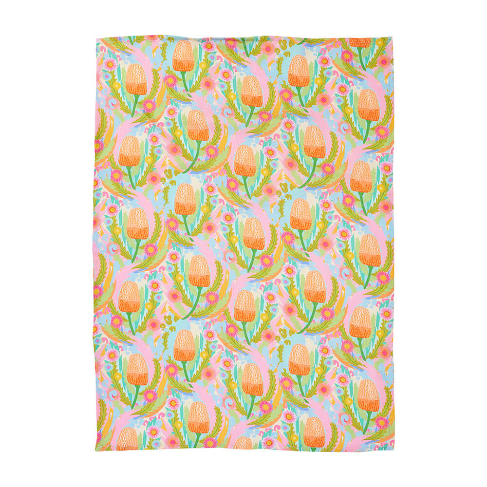Australian Made Linen Tea Towel Banksia Paper Daisy Design
