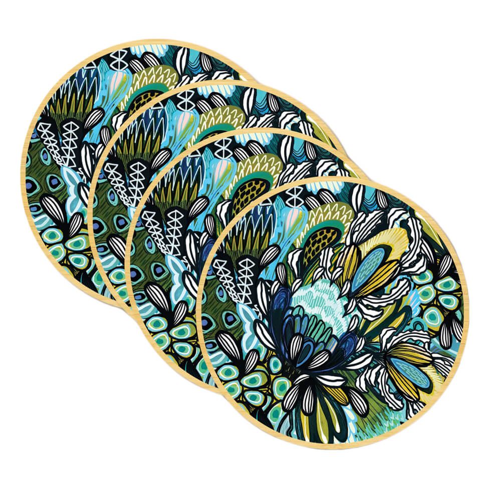 Australian Souvenir Wooden Coasters Blue Protea by Kirsten Katz