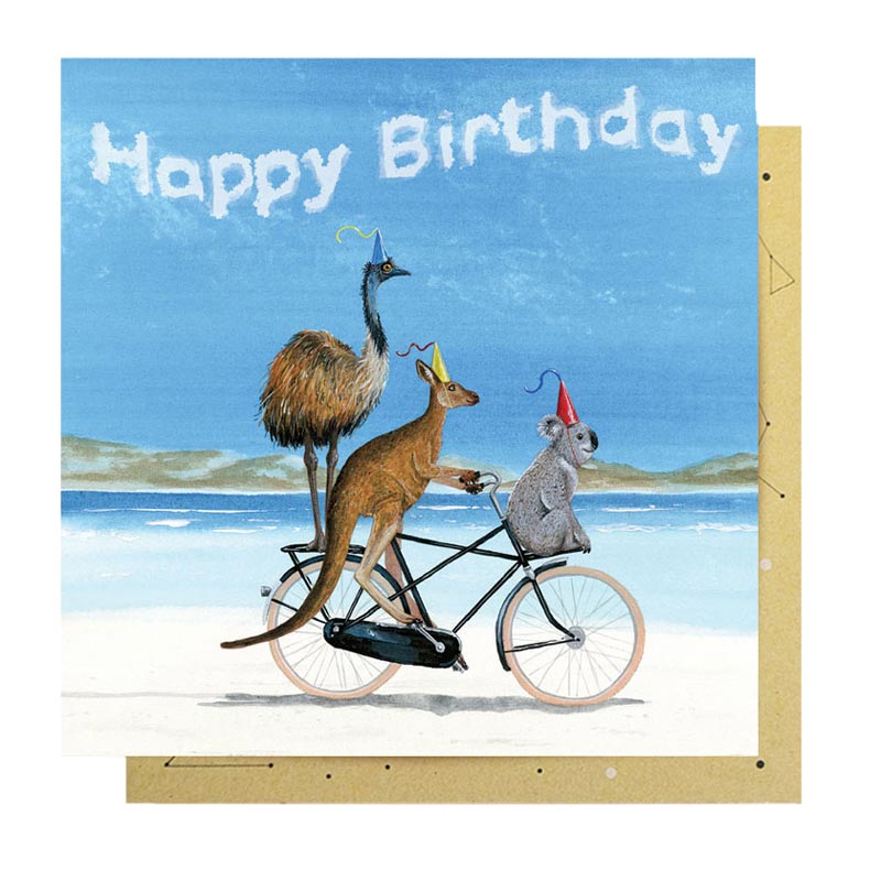 Australian themed birthday card with emu, kangaroo & koala