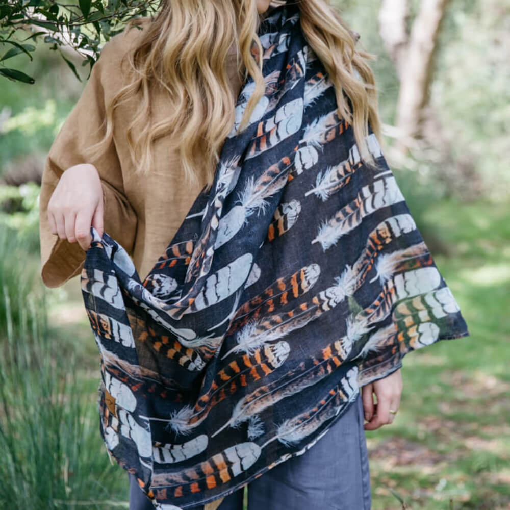 Women&#39;s Scarves Australia Square Organic Cotton Kookaburra Feathers
