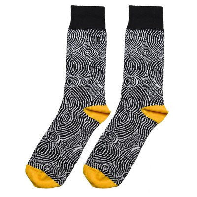 Australian Made Gifts &amp; Souvenirs with the Black &amp; White Aboriginal Art Socks -by Alperstein Designs. For the best Australian online shopping for a Socks - 1
