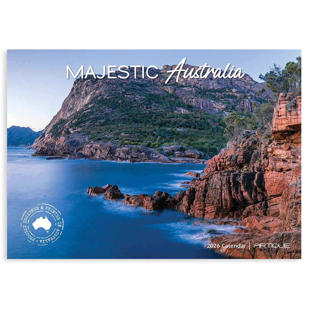 2026 Majestic Calendar cover featuring a scenic view of a rocky coastline for Australian Souvenirs