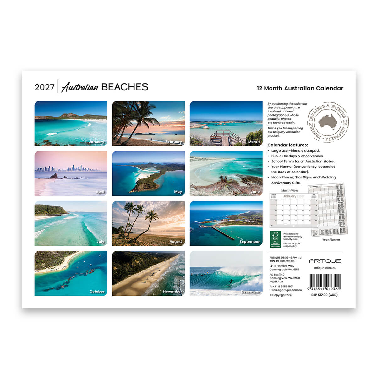 2027 Australian Beaches Souvenir Calendar Made in Australia by Artique