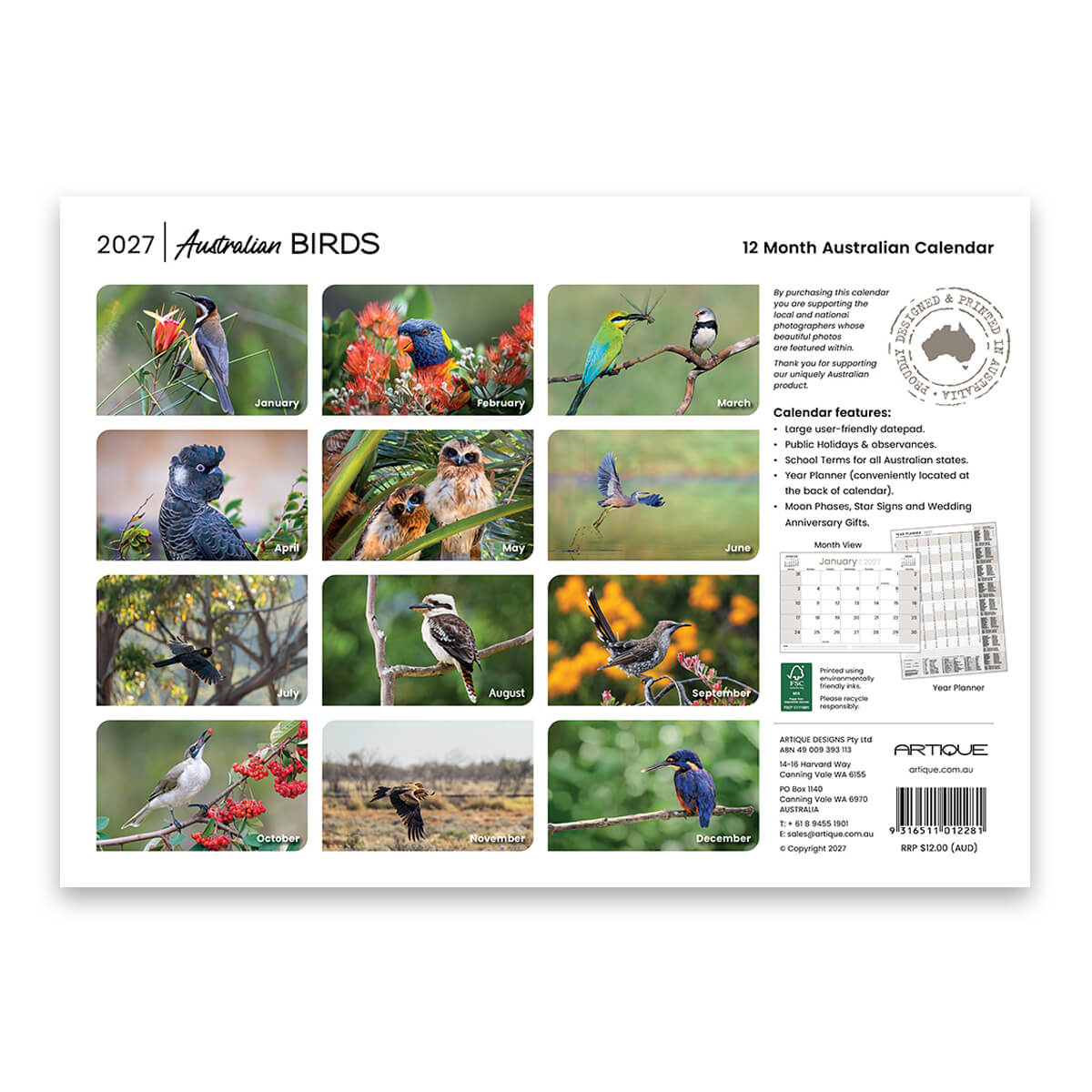 2027 Australian Birds Souvenir Calendar Made in Australia