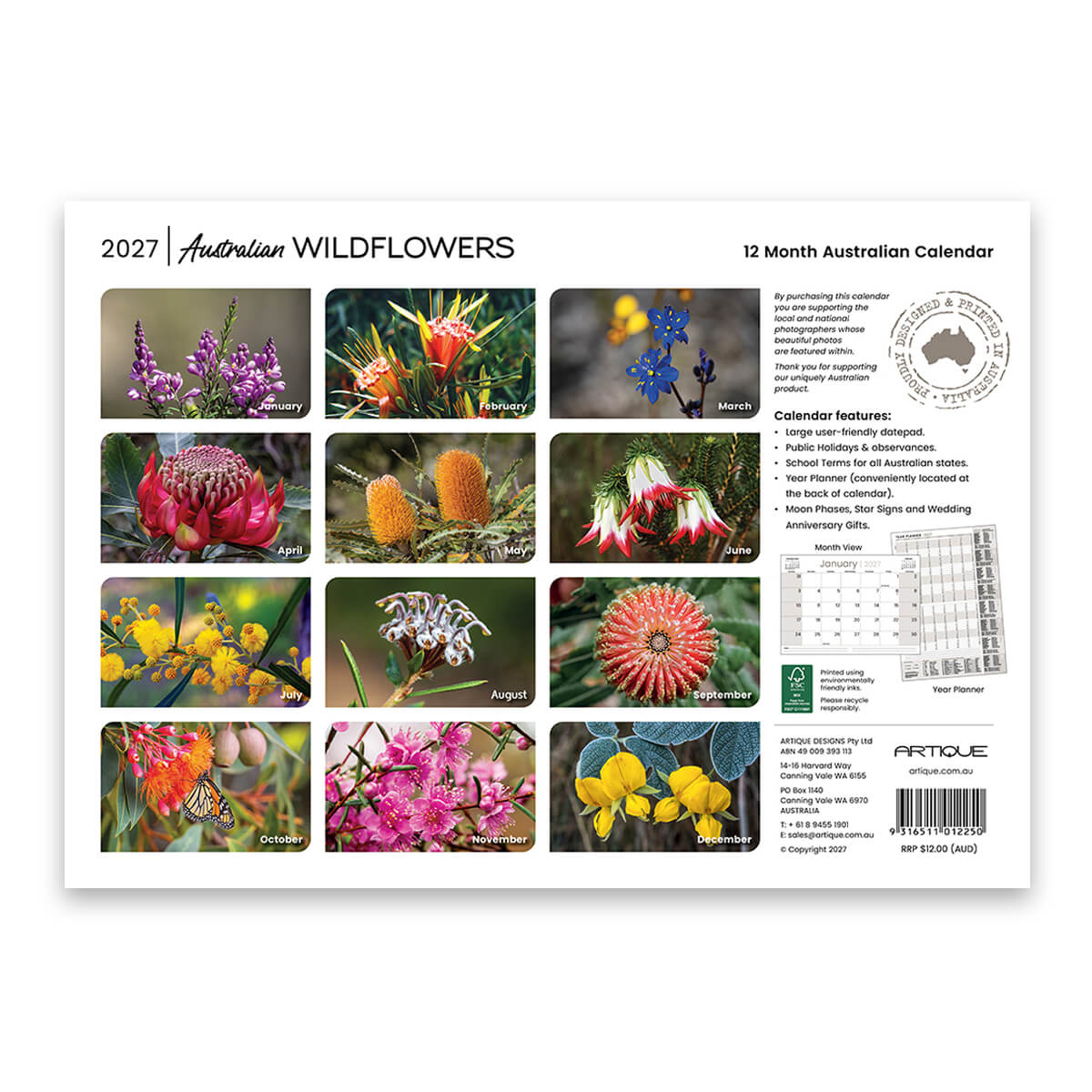 A 12-month Australian wildflowers calendar cover shown flat against a white background. The cover features a grid of 12 photographic flower and plant images, with text including '2027 Australian Wildflowers' and '12 Month Australian Calendar,' plus a small calendar inset and ARTIQUE branding at the bottom.