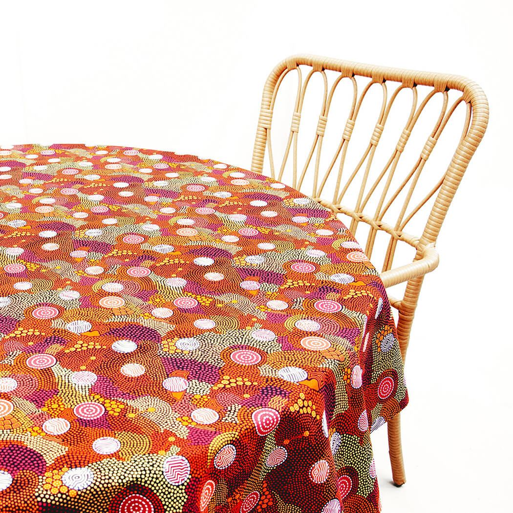 Aboriginal Gifts an Australian Made Round Tablecloth in Indigenous Artwork Upper Bulawa