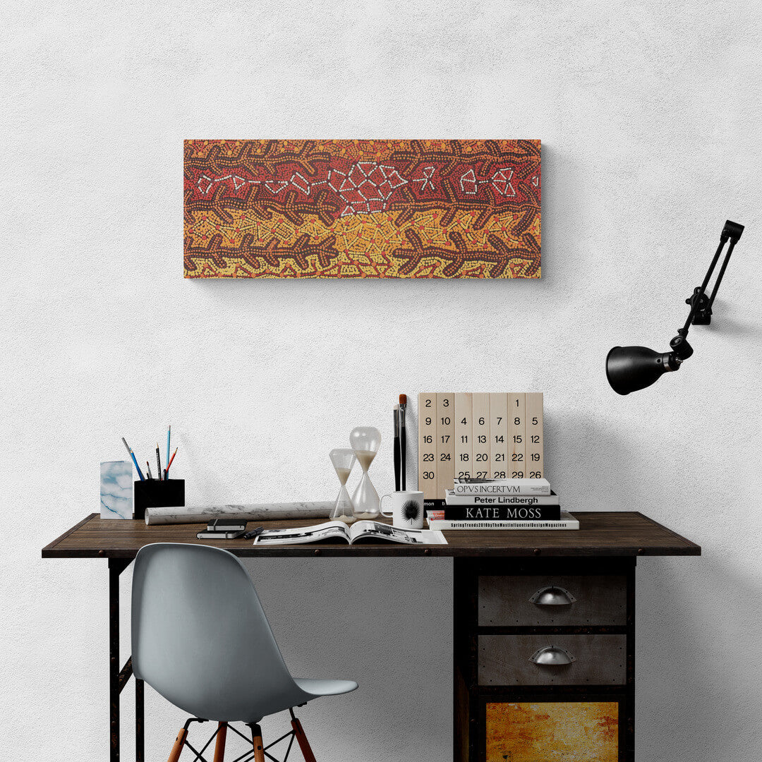 Authentic Aboriginal artwork by Theo Nangala Hudson. 76 x 30 cm acrylic on canvas 