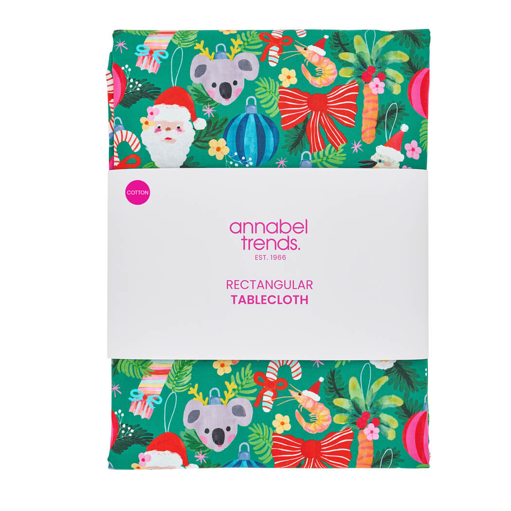 Australian made cotton Christmas table cloth with colourful Australiana festive design