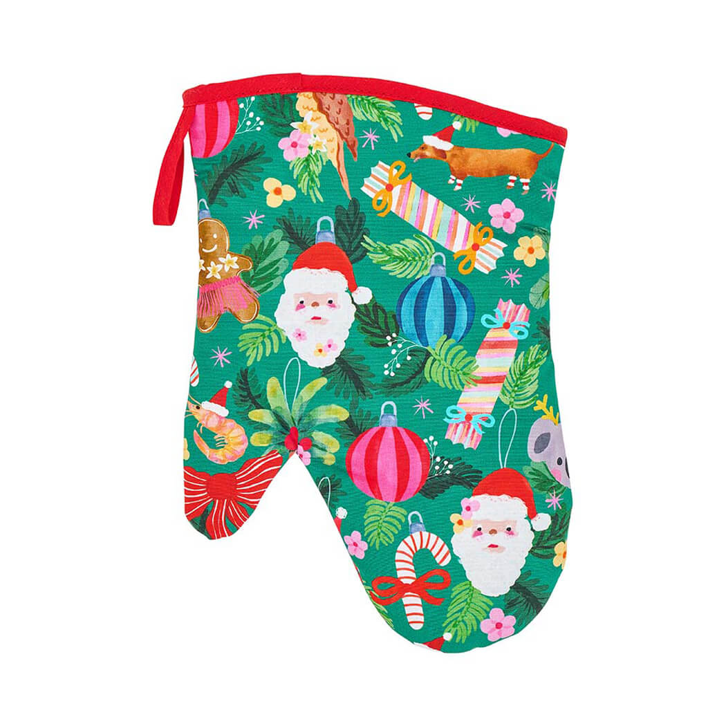 Australian made cotton oven glove with colourful Australiana Christmas design