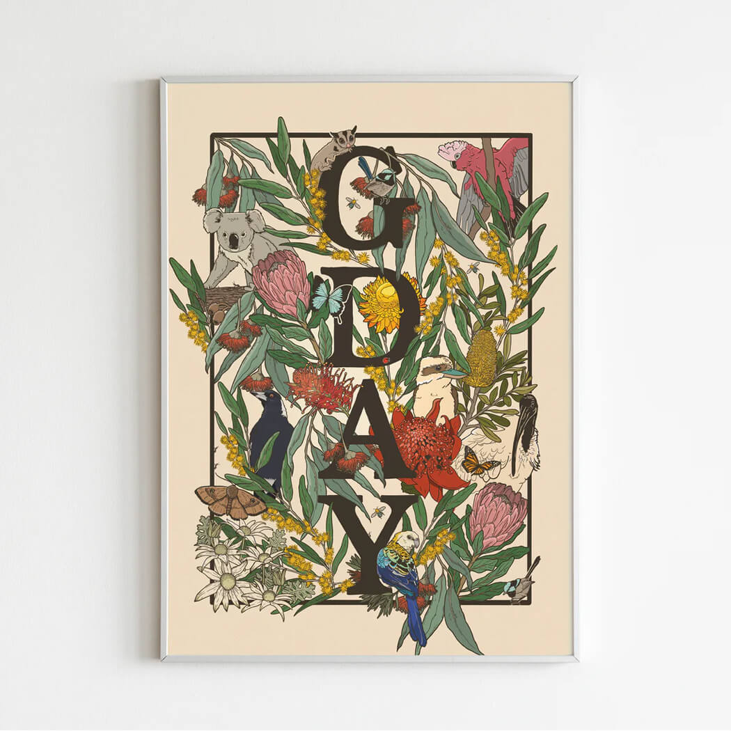 Australian Art Prints Aussie Icons surrounding the word g'day 