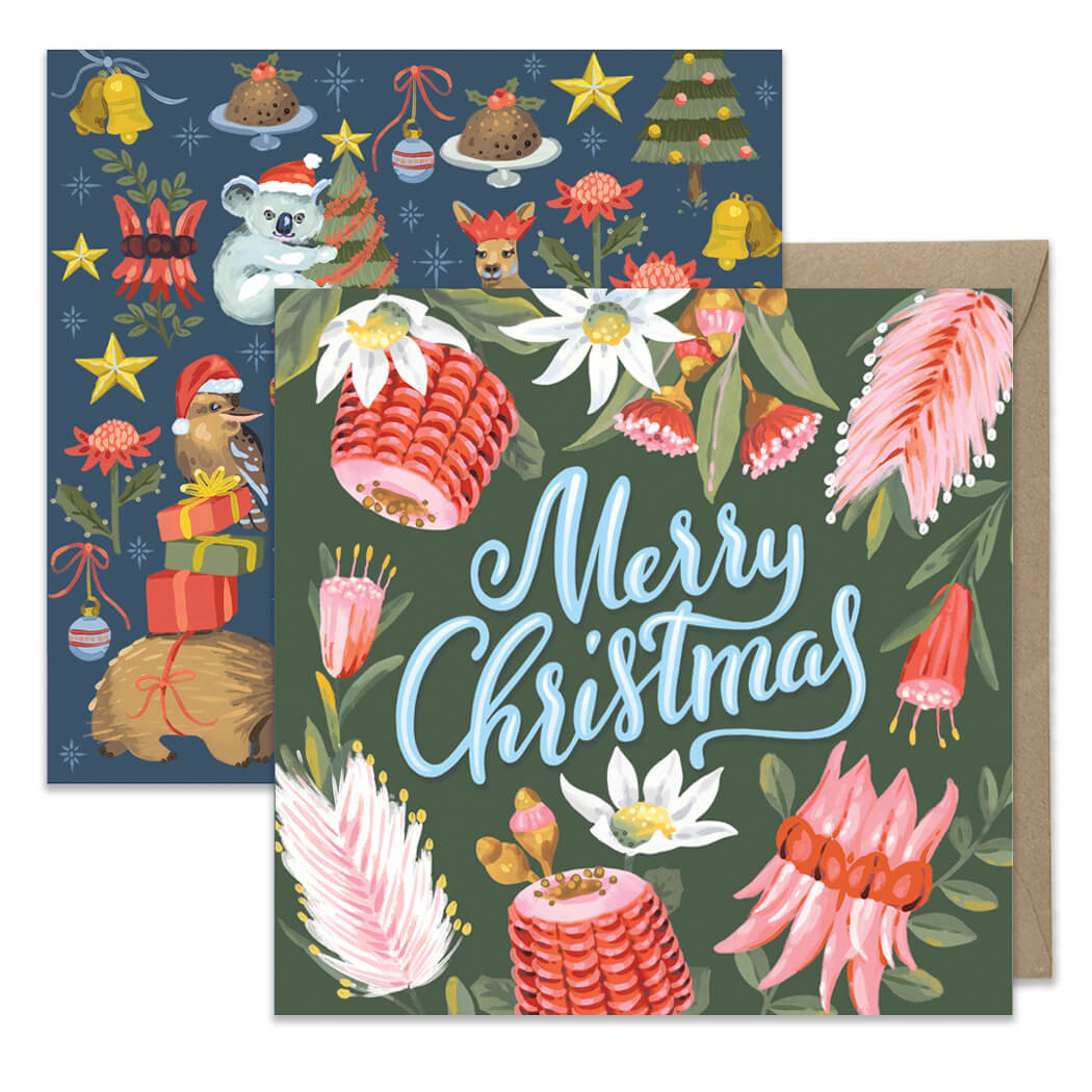 Australian made Christmas card 8 pack with Native Flowers Merry Christmas and Aussie Creatures festive designs