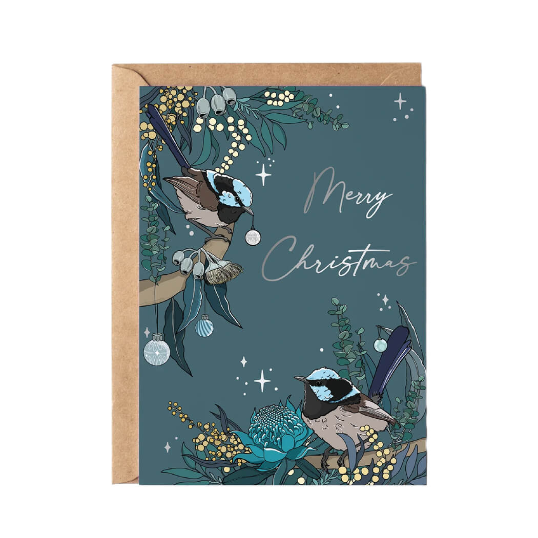 Australian Christmas Card Blue Fairy Wrens by Little Green Mini Creative