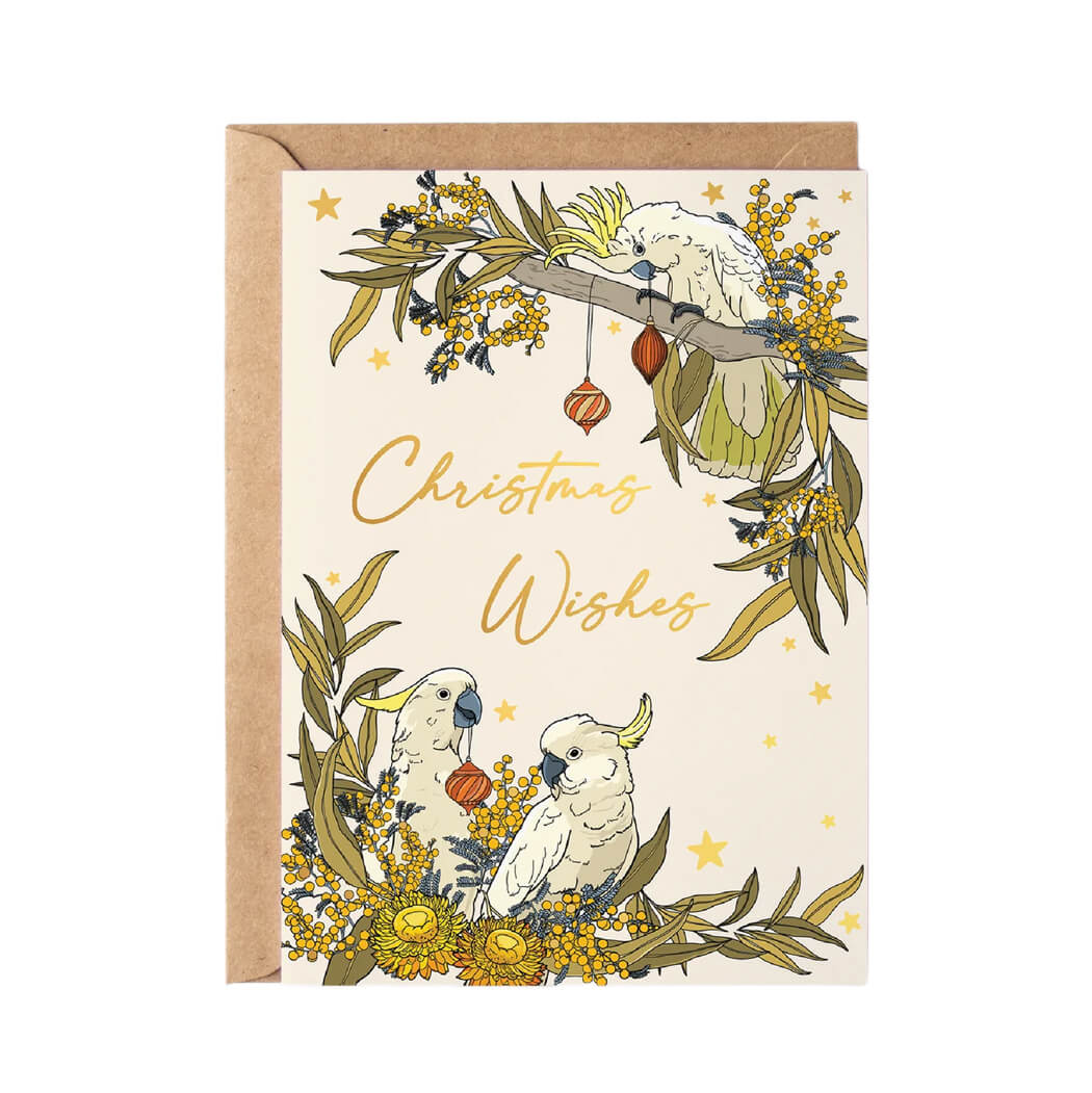 Australian Christmas Card with Cockatoo Festive Illustration Made in Australia