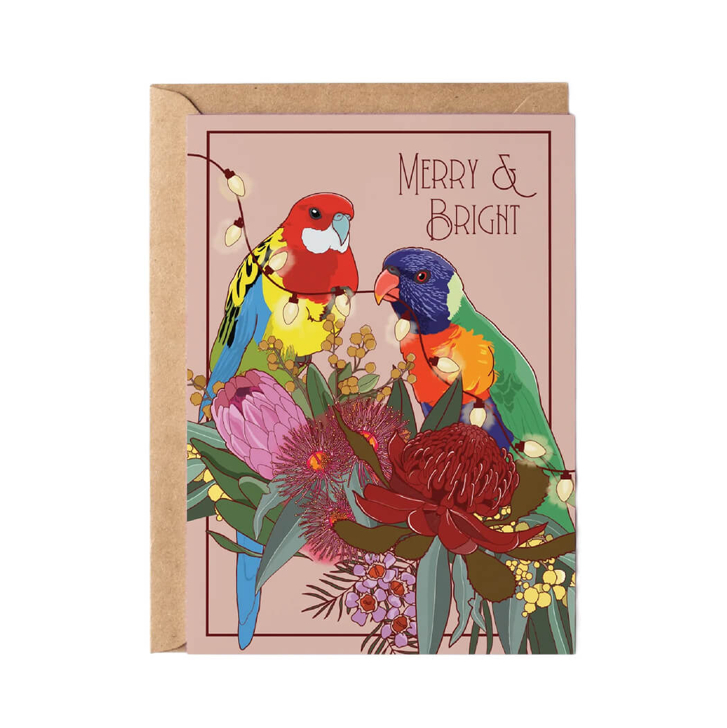 Australian Christmas Card Rosella and Lorikeet with Merry & Bright Message