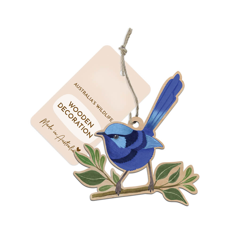 Australian Christmas Ornament Wooden Spendid Fairy Wren Made in Australia By Earth Greetings