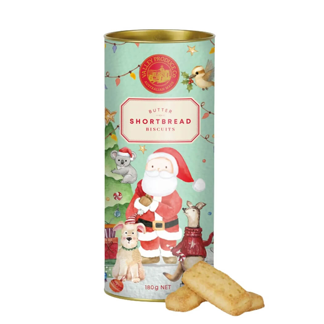 Australian made butter shortbread in 180g Christmas tube with Santa and pets design

