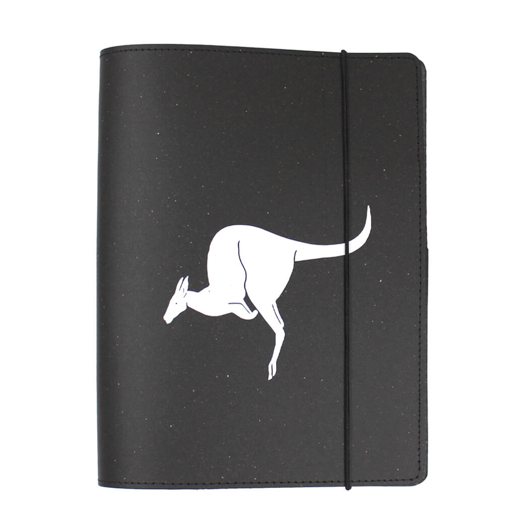 Black leather notebook with a white kangaroo design for Australian Gifts for Men