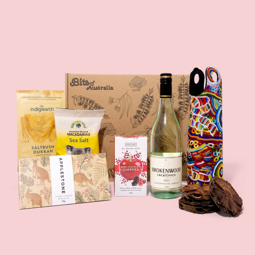 Australian white wine gift hamper with gourmet treats, Banksia coasters and Aboriginal art wine bottle holder