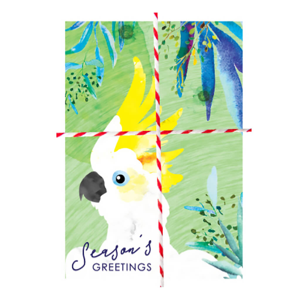 Australian made Cockatoo Christmas cards pack of 8 with Season’s Greetings wording