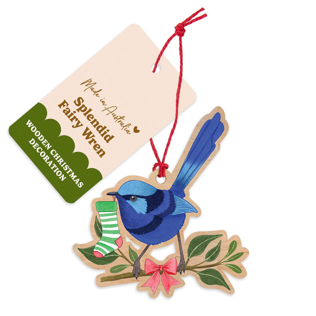 Australian made wooden Splendid Fairy Wren Christmas decoration carrying a Christmas stocking