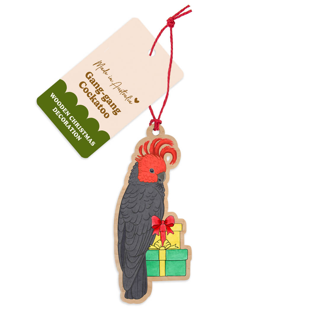 Australian made wooden Gang-gang Cockatoo Christmas decoration holding Christmas presents