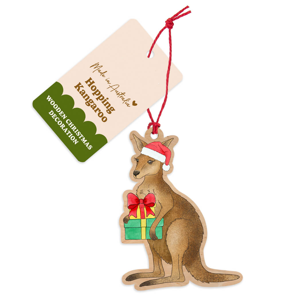 Australian made wooden kangaroo Christmas decoration wearing a Santa hat and holding presents