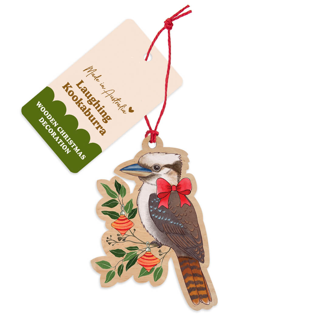Australian made wooden kookaburra Christmas decoration with red bow and festive ornaments