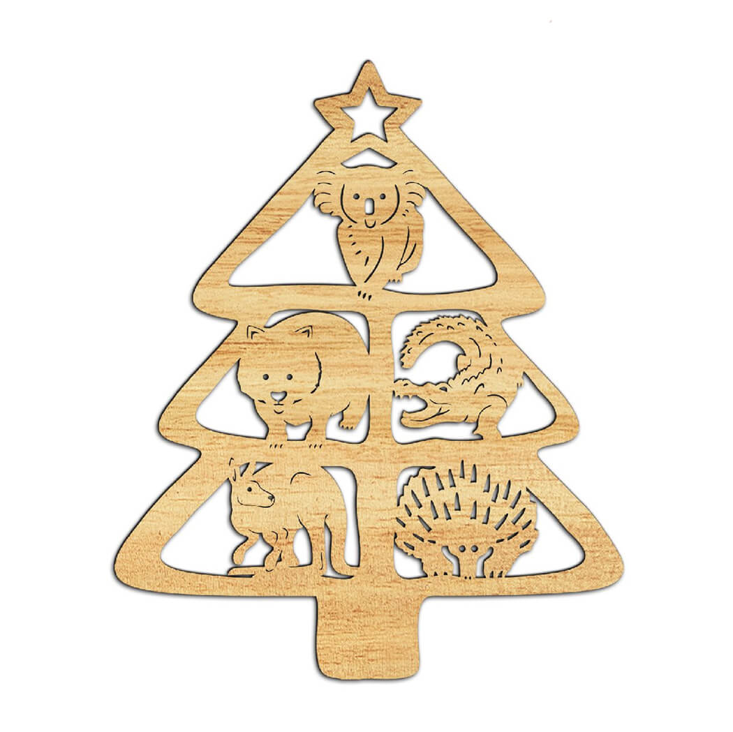 Australian made wooden Christmas tree decoration with koala, wombat, crocodile, kangaroo and echidna