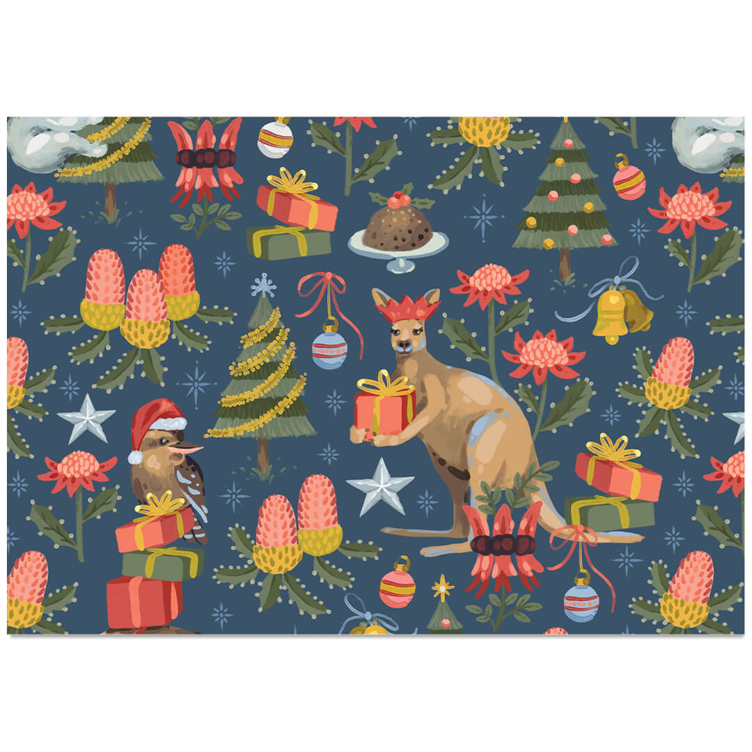 Australian Christmas wrapping paper with kangaroos, koalas, kookaburras, Christmas trees and native flowers on a navy background