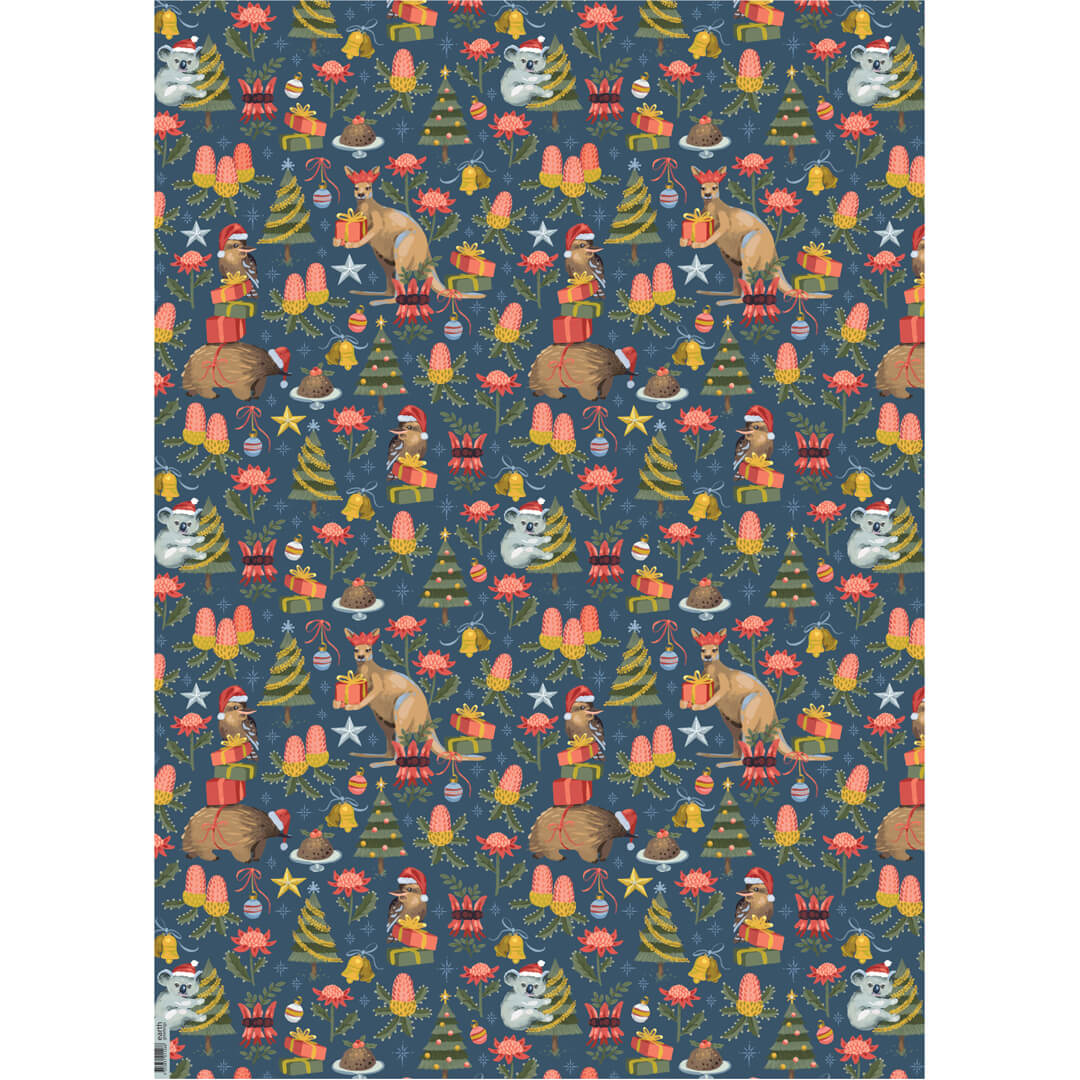 Australian made Christmas wrapping paper with kangaroos, koalas, kookaburras, Christmas trees and native flowers on a navy background