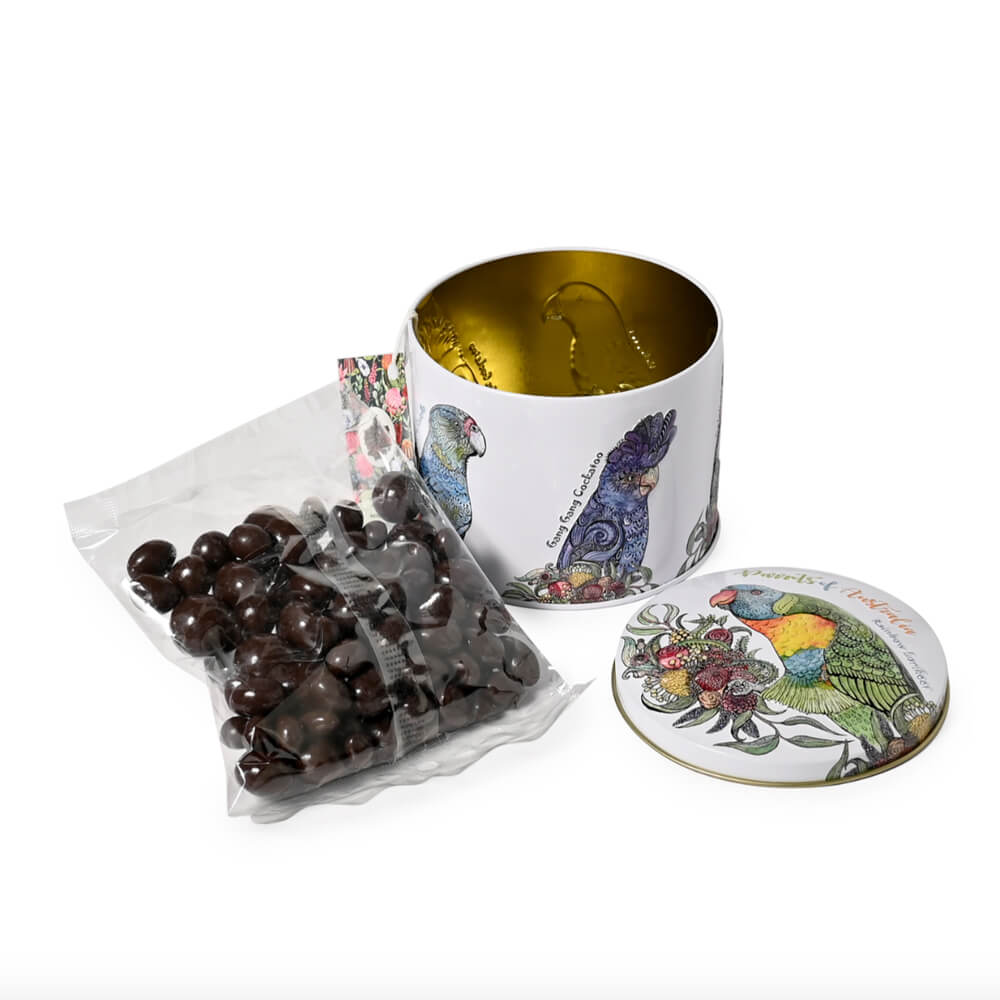Australian Made Dark Chocolate Fruit and Nut Mix in Parrots of Australia Gift Tin