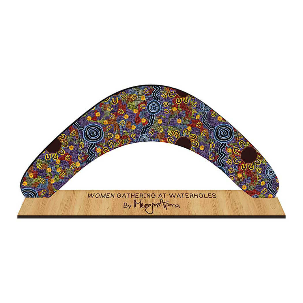Boomerang with stand for decoration made in Australia with Artwork by Merryn Apma