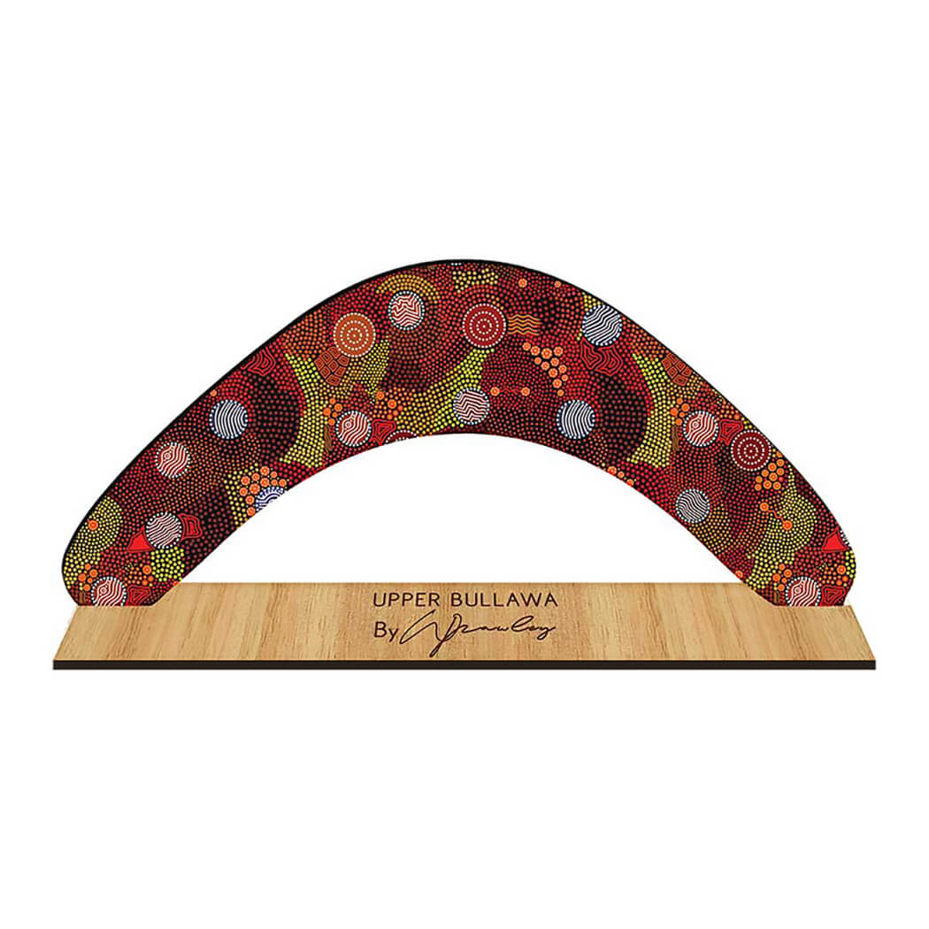 Australian Made Display Boomerang with Aboriginal Art by Merryn Apma for Aussie Souvenirs