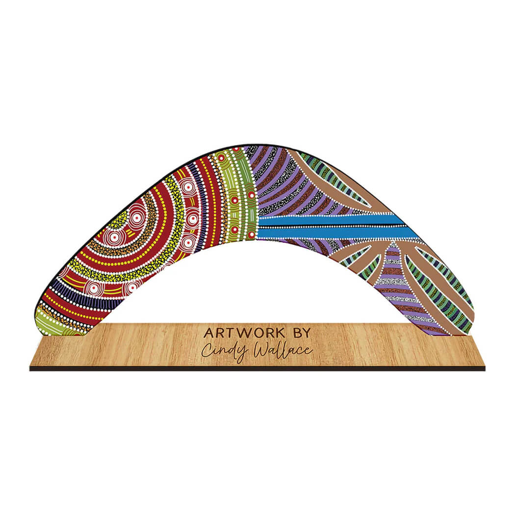 Australian Made Display Boomerang with stand and Aboriginal Art by Cindy Wallace