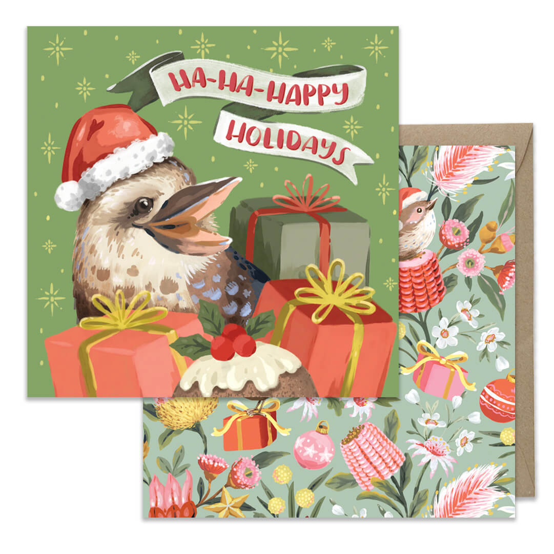 Australian made Christmas card 8 pack with Kookaburra and Festive Wrens designs