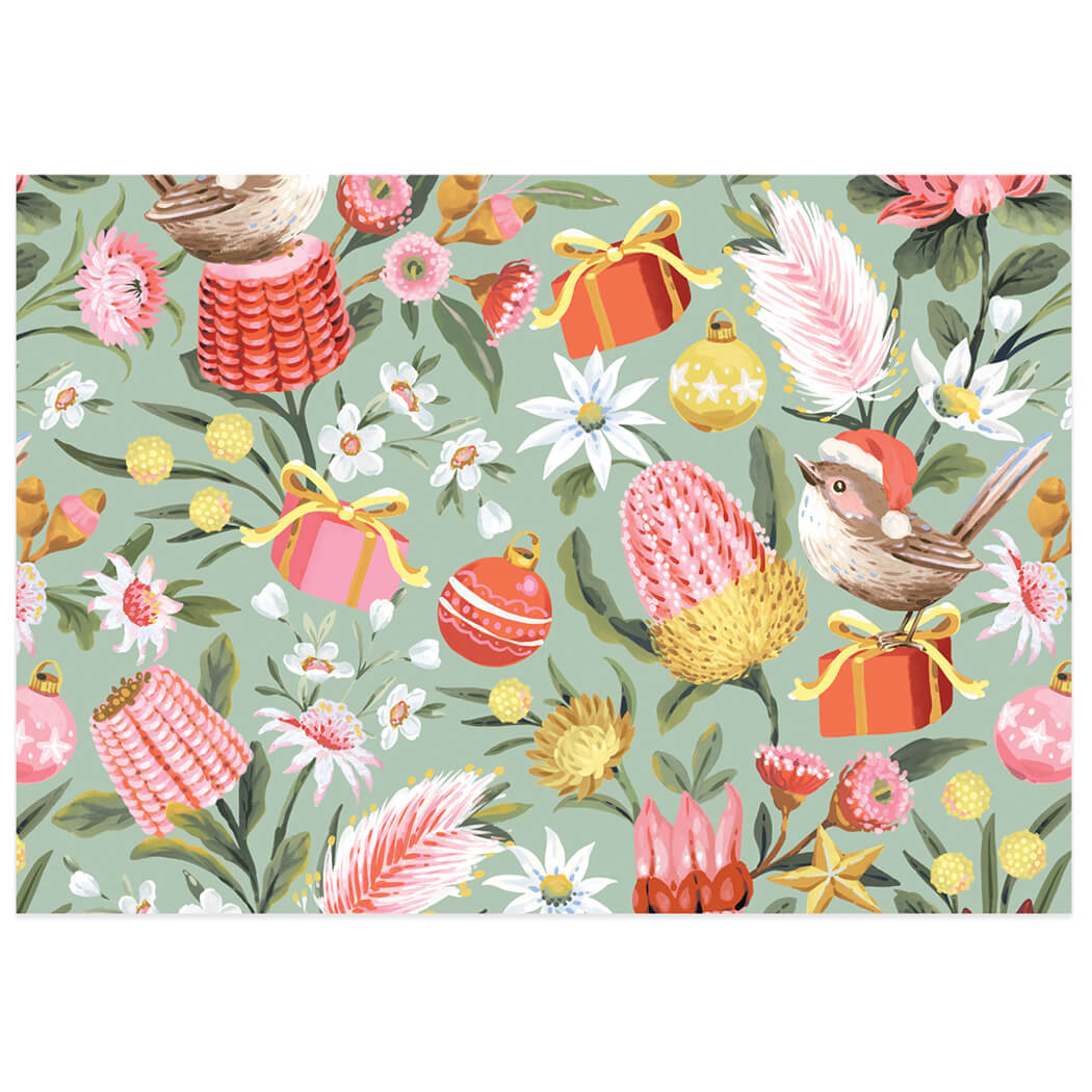 Australian Christmas wrapping paper with kangaroos, koalas, kookaburras, Christmas trees and native flowers on a navy background
