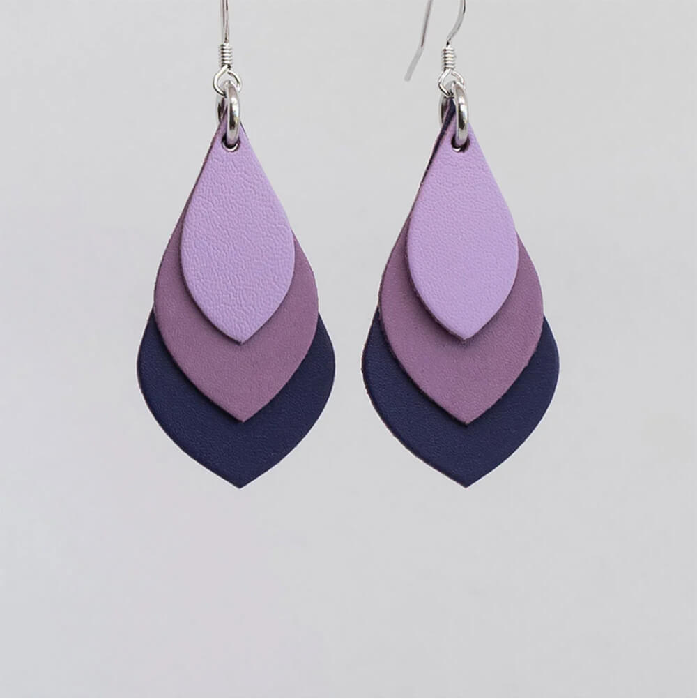 Leather Tear Drop Earrings - Lilac, Violet &amp; Purple