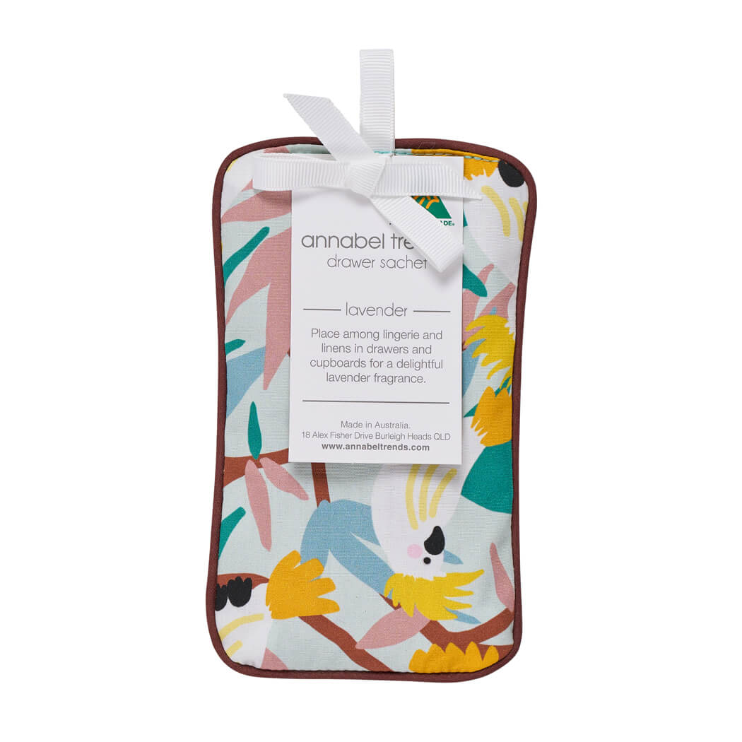 Australian made lavender drawer sachet with Sulphur-crested Cockatoo print