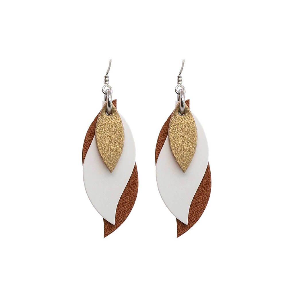 Australian Made Leather Statement Earrings Gold White Brown