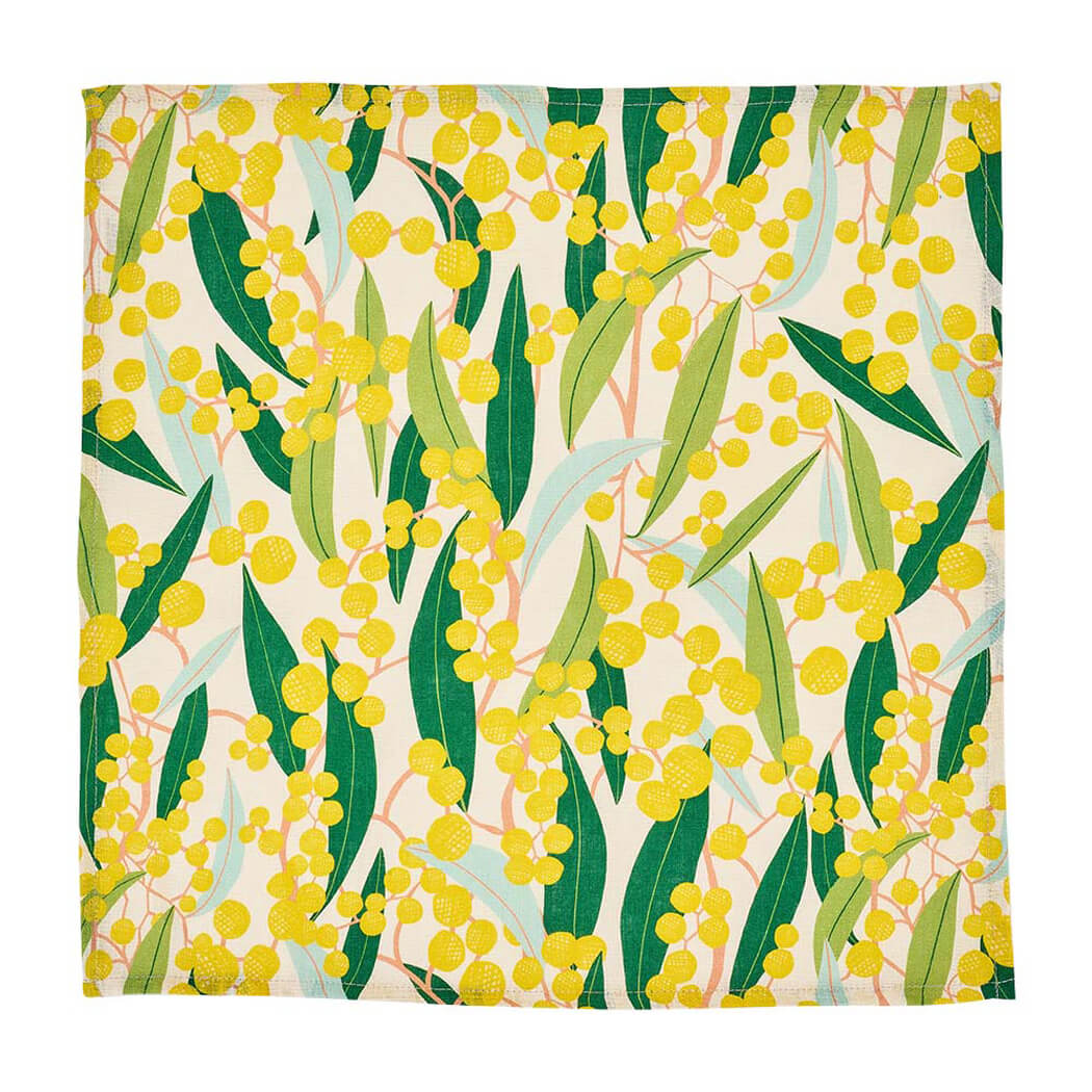 Australian made set of four Golden Wattle linen cotton napkins with yellow native flower design