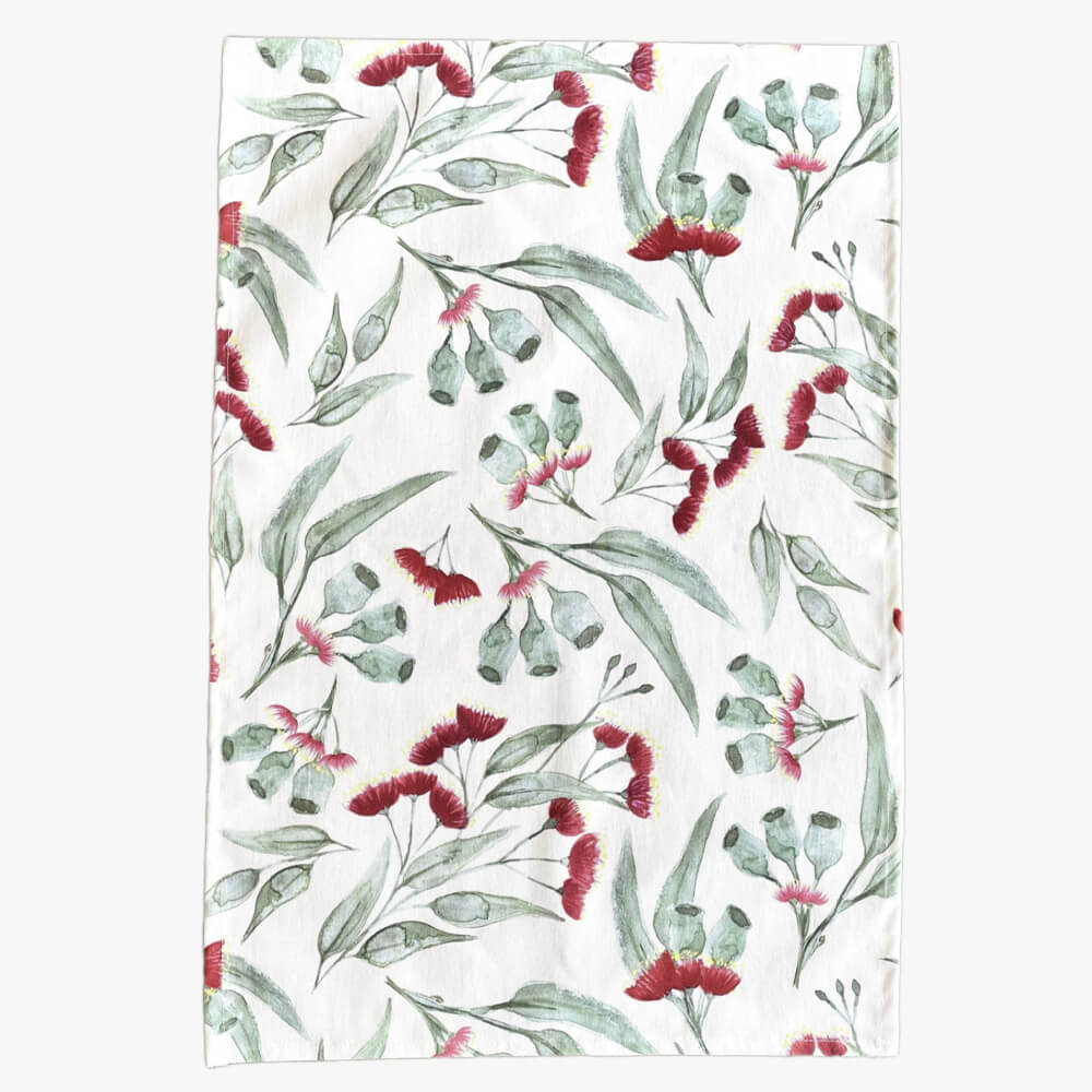 Australian Made Tea Towel Red Gum Blossom by Silken Twine