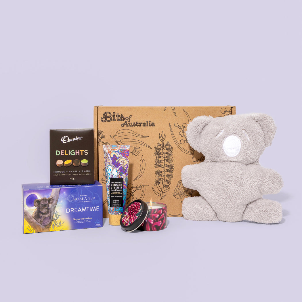 Australian mum and baby gift hamper with koala soft toy, tea, chocolate, candle and hand cream