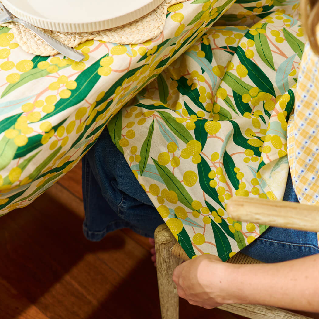 Wattle tablecloth and napkin Australian Made