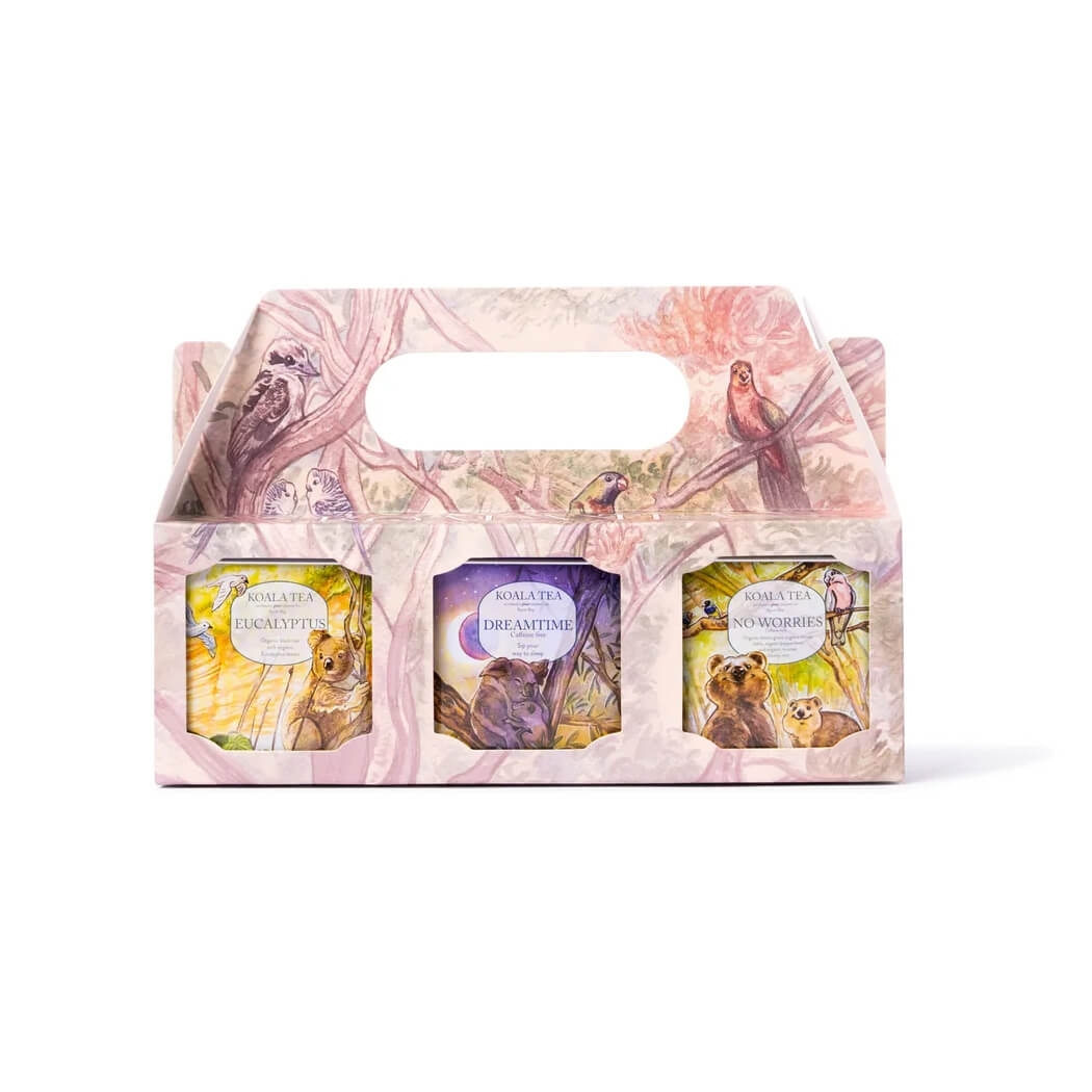 Australian Wildlife Tea Trio with three collectible tins featuring Australian animals and 30 organic tea bags